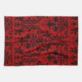 Rode en zwarte Floral Swirls Damask Monogram Theedoek (Horizontaal)
