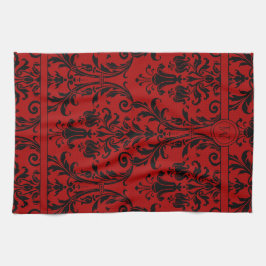 Rode en zwarte Floral Swirls Damask Monogram Theedoek