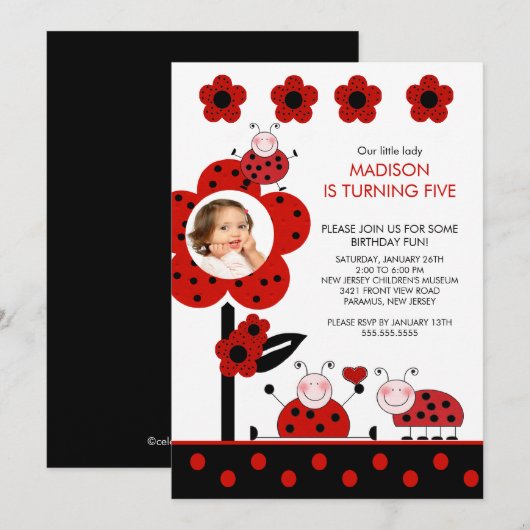 RODE EN Zwarte FOTO Ladybug Birthday Uitnodiging (Voorkant / Achterkant)