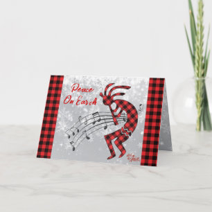 Rode En Zwarte Geruite Kokopelli Kerstkaart Feestdagen Kaart