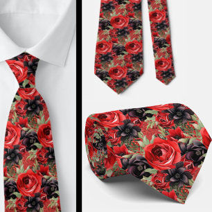 Rode en zwarte Gothic Waterverf Bloemen Stropdas