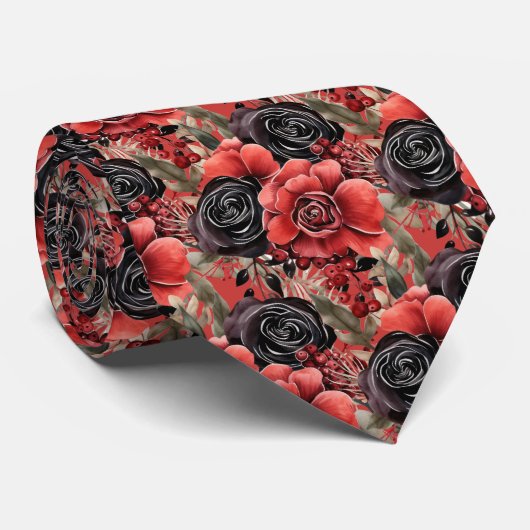 Rode en zwarte Gothic Waterverf Bloemen Stropdas (Opgerold)