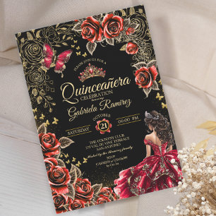 Rode en Zwarte Gouden Tiara Rozen Quinceañera Kaart