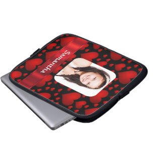 Rode en zwarte hart gepersonaliseerde foto laptop sleeve
