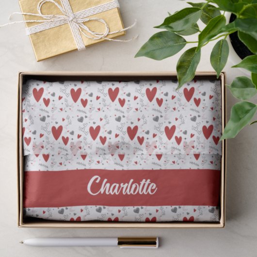 Rode en Zwarte Harten Aangepaste Monogram Naam Tissuepapier (Geschenk)