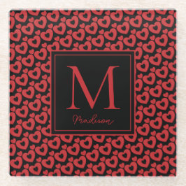 Rode en zwarte harten gepersonaliseerd monogram glazen onderzetter