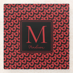 Rode en zwarte harten gepersonaliseerd monogram glazen onderzetter