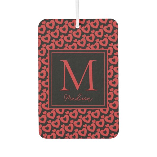 Rode en zwarte harten gepersonaliseerd monogram luchtverfrisser (Voorkant)