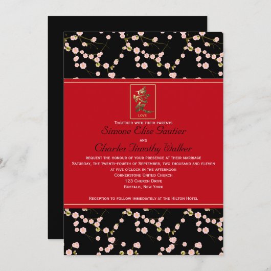 Rode en Zwarte Kersenbloesem Bruiloft Uitnodiging (Voorkant / Achterkant)