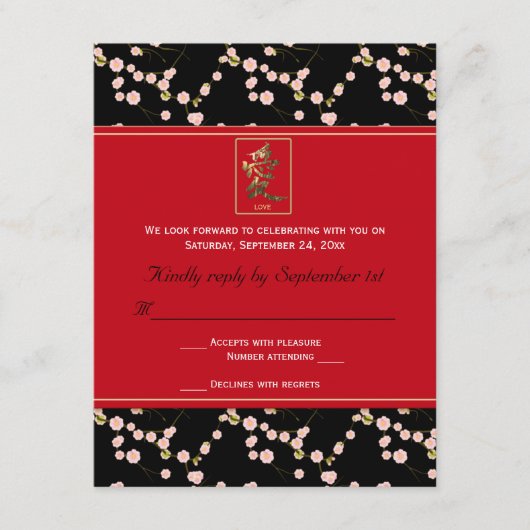 Rode en Zwarte Kersenbloesem RSVP Kaart (Voorkant)