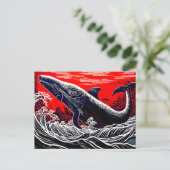 Rode en zwarte Linocut Sperma Whale Breach Briefkaart (Staand voorkant)