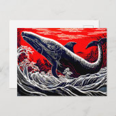 Rode en zwarte Linocut Sperma Whale Breach Briefkaart (Voorkant / Achterkant)