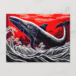 Rode en zwarte Linocut Sperma Whale Breach Briefkaart
