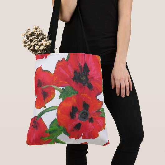 Rode en zwarte oosterse papaver op wit tote bag (Dichtbij)