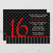 Rode en zwarte pokdot Stripes Sweet 16 Birthday Kaart (Voorkant / Achterkant)