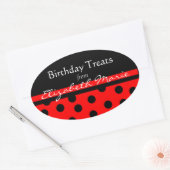Rode en Zwarte Polka Dots met Naam Ovale Sticker (Envelop)