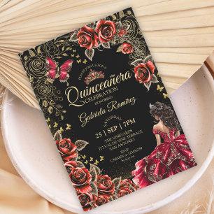 Rode en Zwarte Quinceañera Gouden Tiara Rozen  Kaart
