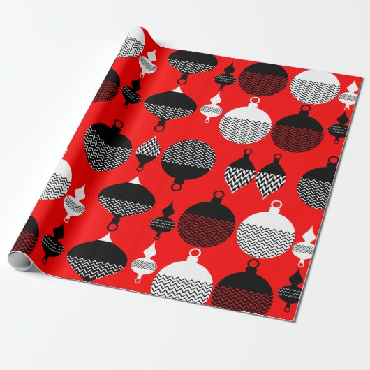 Rode en zwarte retro kerstbal cadeaupapier (Uitgerold)
