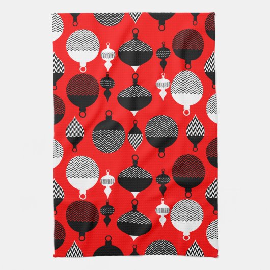 Rode en zwarte retro kerstbal theedoek (Verticaal)