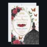 Rode en zwarte Rozen Floral Quinceañera Save The Date<br><div class="desc">Personaliseer deze rode en zwarte bloemen Quinceañera / Sweet 16 verjaardagsdatum, sla de datum gemakkelijk en snel op. Klik gewoon op de knop Aanpassen om de teksten te bewerken, lettertypen en lettertypekleuren te wijzigen. Met een meisje gekleed in een prachtige glitterachtige zwarte baljurk, levendige rode en zwarte rozen, vlinders en...</div>