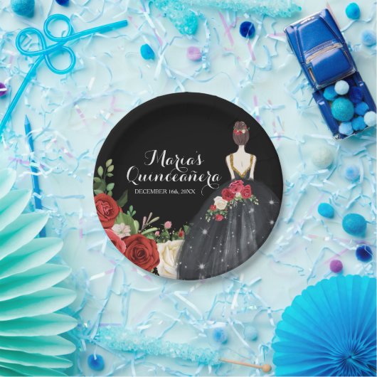 Rode en zwarte Rozen Mis Quince Papieren Bordje (Feest)