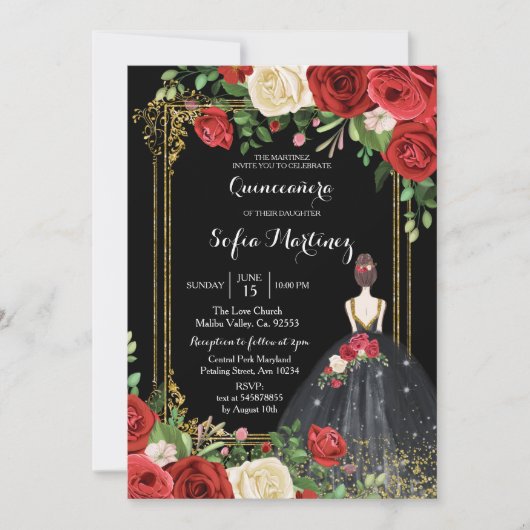 Rode en zwarte Rozen Mis Quince-uitnodiging Kaart (Voorkant)