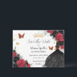 Rode en zwarte Rozen Princess Gold Quinceañera Save The Date<br><div class="desc">Personaliseer deze rode en zwarte bloemen Quinceañera / Sweet 16 verjaardagsdatum, sla de datum gemakkelijk en snel op. Klik gewoon op de knop Aanpassen om de teksten te bewerken, lettertypen en lettertypekleuren te wijzigen. Met een meisje gekleed in een prachtige glitterachtige zwarte baljurk, levendige rode en zwarte rozen, vlinders en...</div>