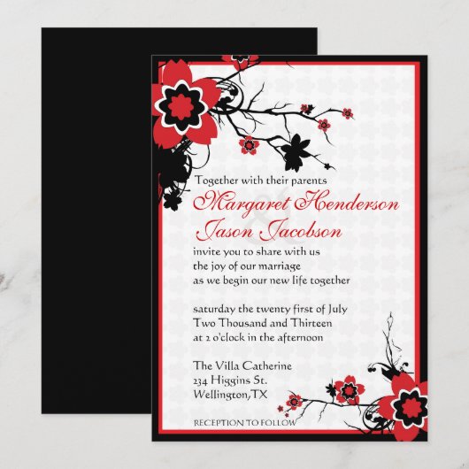 Rode en zwarte Sakura Cherry Blossom Wedding Invit Kaart (Voorkant / Achterkant)