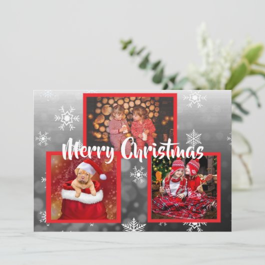 Rode en zwarte sneeuwvlokken Familie Foto's Kerstm Kaart (Staand voorkant)