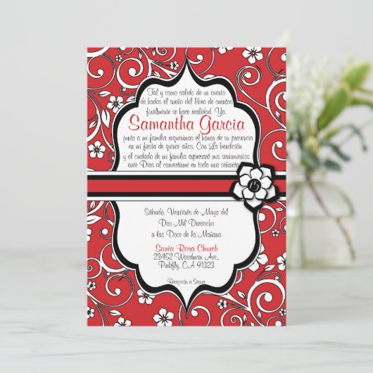 Rode en zwarte Spaanse Quinceañera Kaart (Staand voorkant)