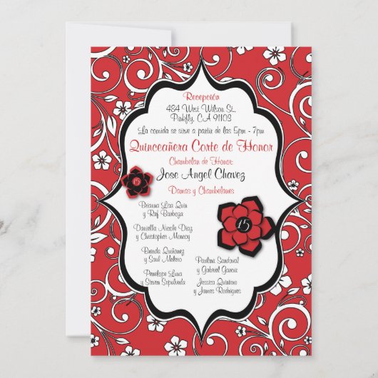 Rode en zwarte Spaanse Quinceañera Kaart (Achterkant)