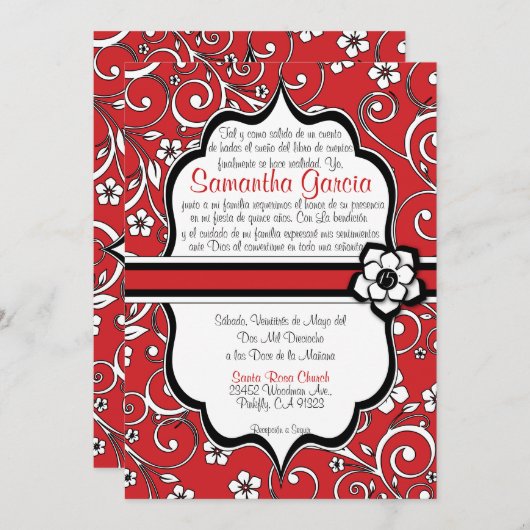 Rode en zwarte Spaanse Quinceañera Kaart (Voorkant / Achterkant)