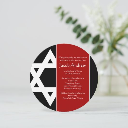 Rode en zwarte ster van David Round Bar Mitzvah Kaart (Staand voorkant)