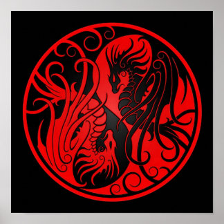 Rode en zwarte vliegers Yin Yang Dragons Poster