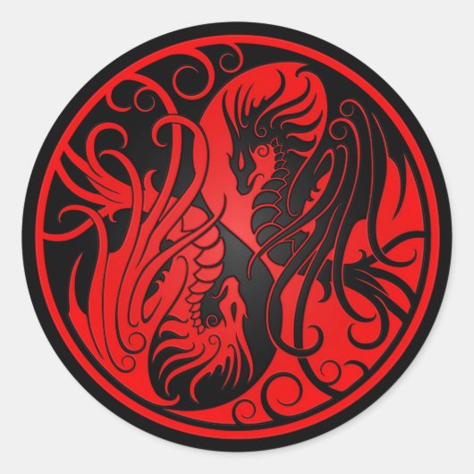 Rode en zwarte vliegers Yin Yang Dragons Ronde Sticker (Voorkant)