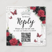 Rode en zwarte vlinders Quinceanera RSVP QR-code Informatiekaartje (Voorkant)