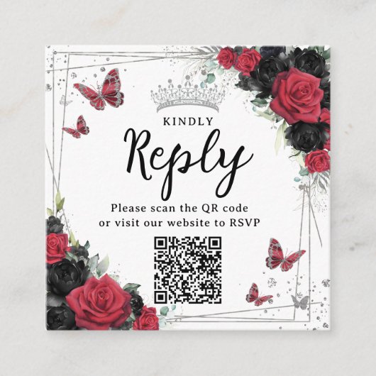 Rode en zwarte vlinders Quinceanera RSVP QR-code Informatiekaartje (Voorkant)