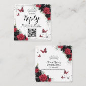 Rode en zwarte vlinders Quinceanera RSVP QR-code Informatiekaartje (Voorkant / Achterkant)