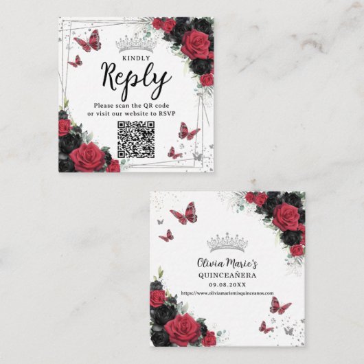 Rode en zwarte vlinders Quinceanera RSVP QR-code Informatiekaartje (Voorkant / Achterkant)
