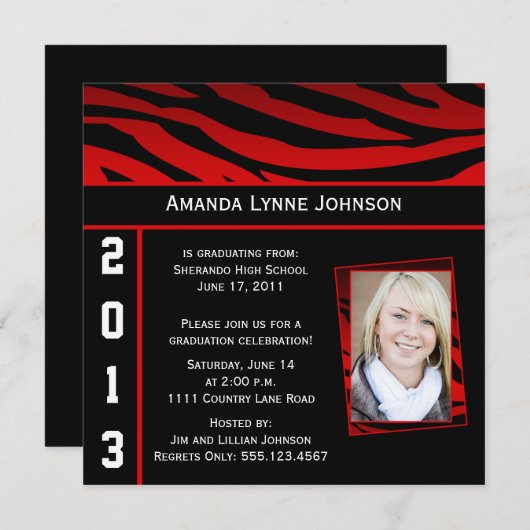 Rode en Zwarte Zebra Print Afstuderen Uitnodiging (Voorkant / Achterkant)