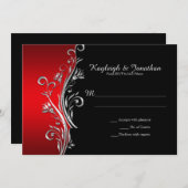 rode en zwarte zilveren wervelingen RSVP Aankondiging (Voorkant / Achterkant)