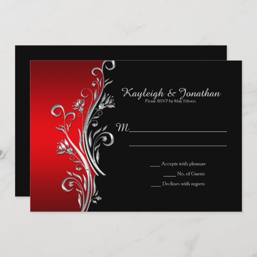 rode en zwarte zilveren wervelingen RSVP Aankondiging (Voorkant / Achterkant)