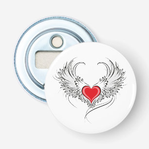 Rode engel hart met vleugels button flesopener