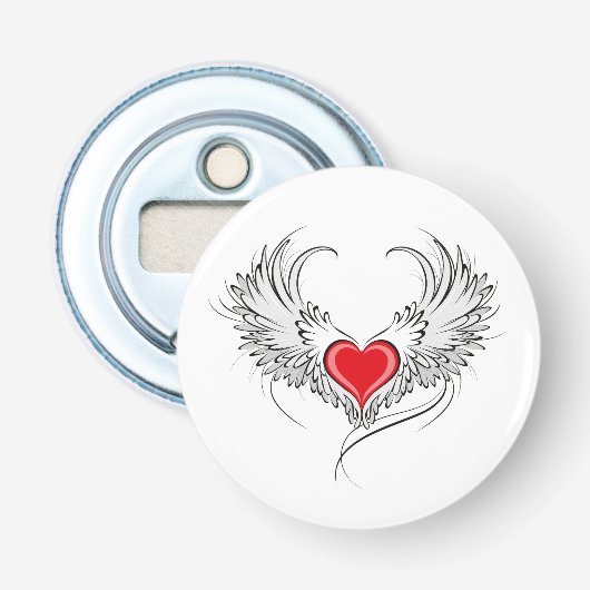 Rode engel hart met vleugels button flesopener (Voorkant)