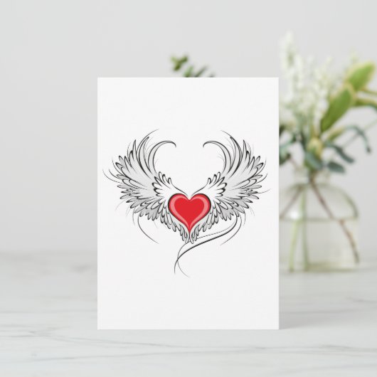 Rode engel hart met vleugels informatiekaartje (Staand voorkant)