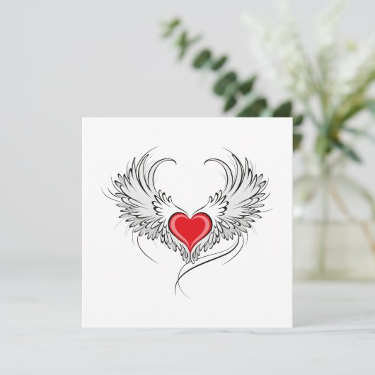 Rode engel hart met vleugels kaart (Staand voorkant)