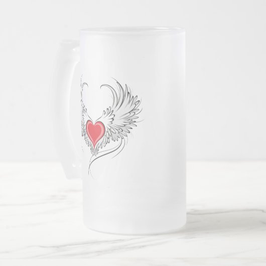 Rode engel hart met vleugels matglas bierpul (Voorkant links)