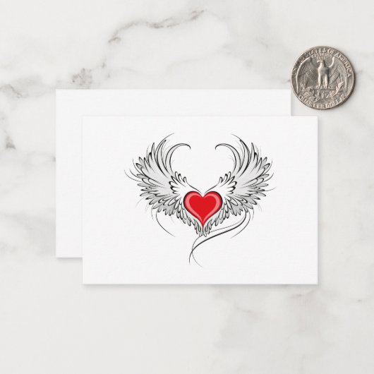 Rode engel hart met vleugels notitiekaartje (Voorkant / Achterkant in situ)