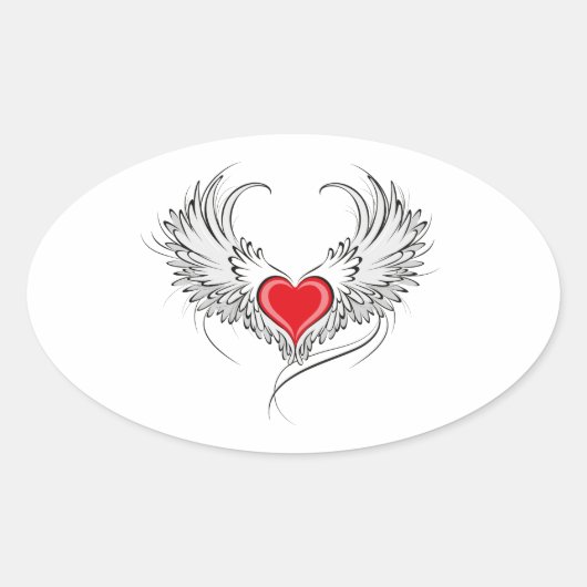 Rode Engel Hart met vleugels Ovale Sticker (Voorkant)