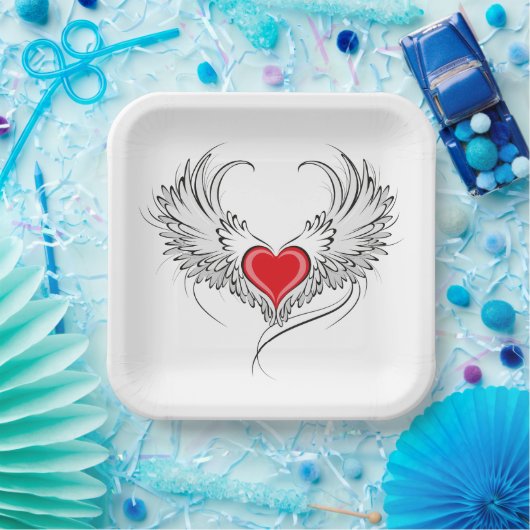 Rode engel hart met vleugels papieren bordje (Feest)